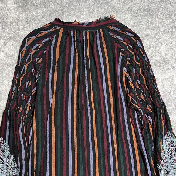 Tru Luxe Jeans Striped Embroidered Peasant Blouse Shirt Womens M Fringe - Picture 16 of 17